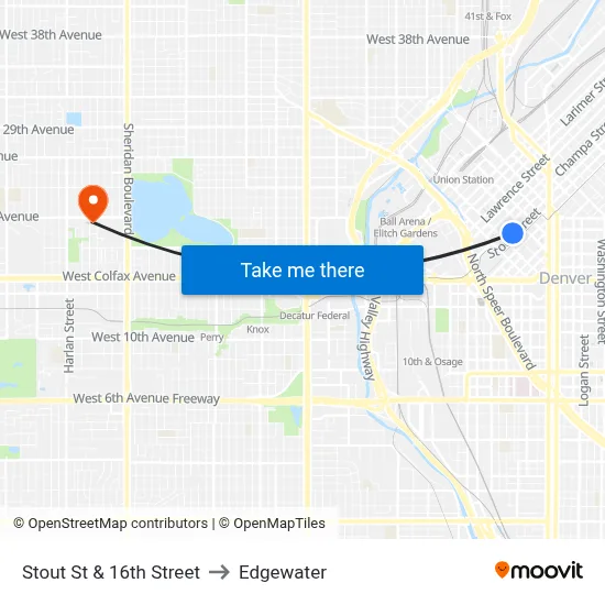 Stout St & 16th Street to Edgewater map