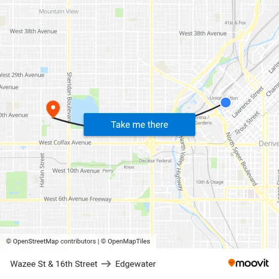 Wazee St & 16th Street to Edgewater map