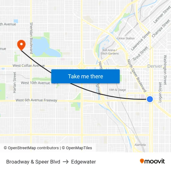 Broadway & Speer Blvd to Edgewater map