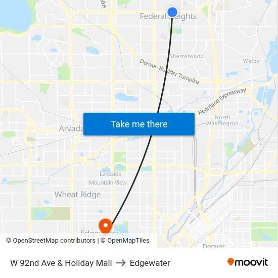 W 92nd Ave & Holiday Mall to Edgewater map