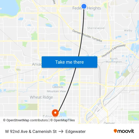 W 92nd Ave & Camenish St to Edgewater map