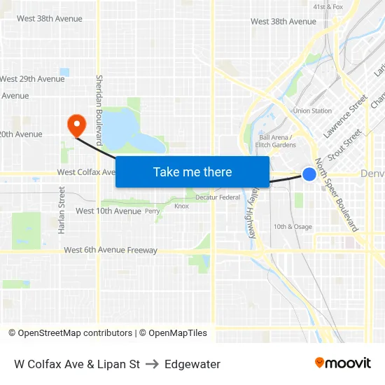 W Colfax Ave & Lipan St to Edgewater map
