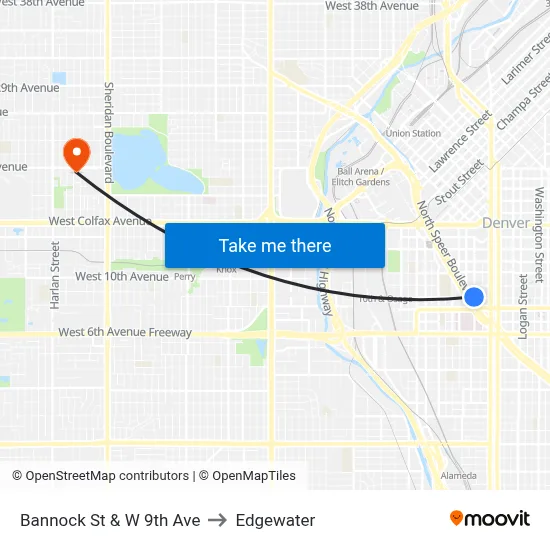 Bannock St & W 9th Ave to Edgewater map
