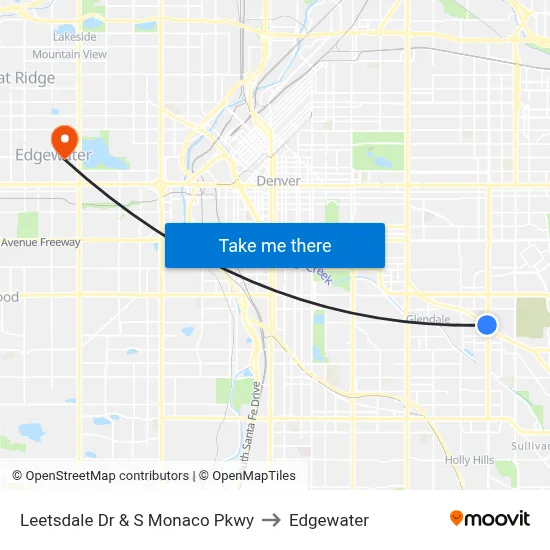 Leetsdale Dr & S Monaco Pkwy to Edgewater map