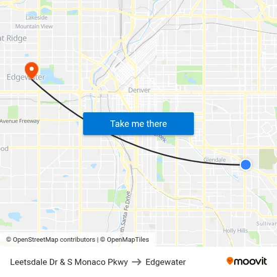 Leetsdale Dr & S Monaco Pkwy to Edgewater map
