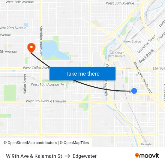 W 9th Ave & Kalamath St to Edgewater map