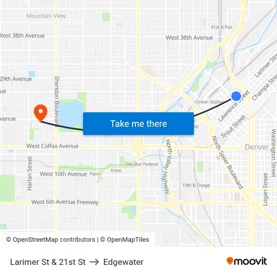 Larimer St & 21st St to Edgewater map