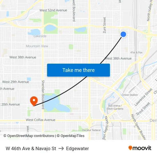 W 46th Ave & Navajo St to Edgewater map