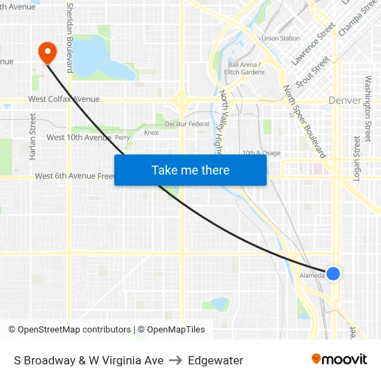 S Broadway & W Virginia Ave to Edgewater map