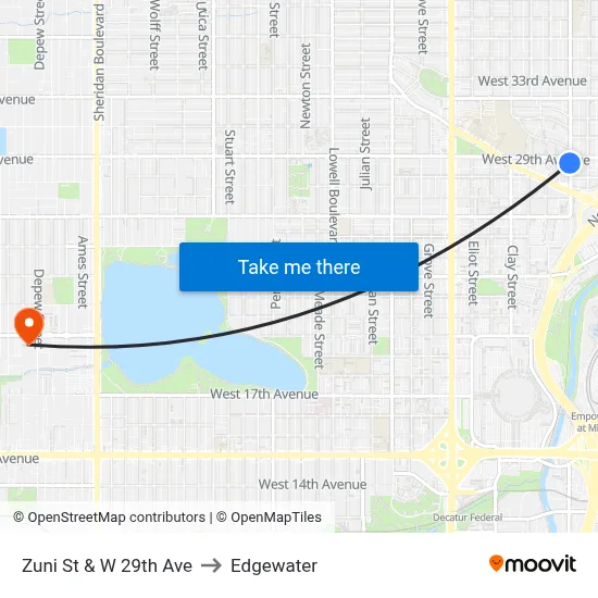 Zuni St & W 29th Ave to Edgewater map