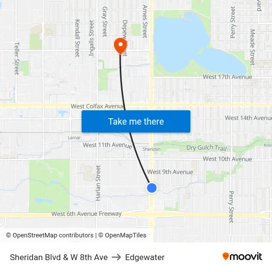 Sheridan Blvd & W 8th Ave to Edgewater map