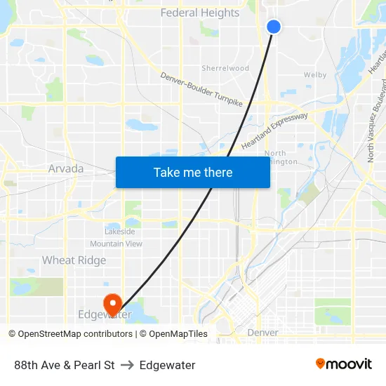 88th Ave & Pearl St to Edgewater map