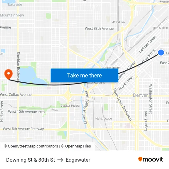 Downing St & 30th St to Edgewater map