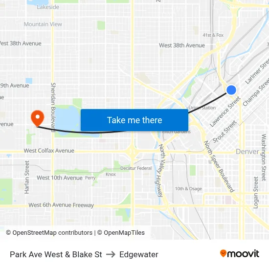 Park Ave West & Blake St to Edgewater map