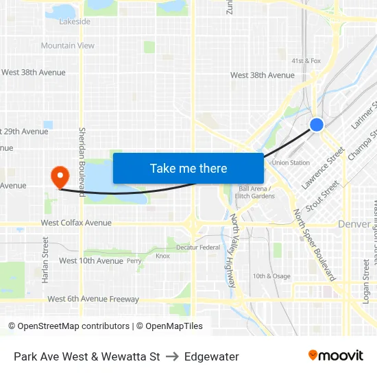 Park Ave West & Wewatta St to Edgewater map