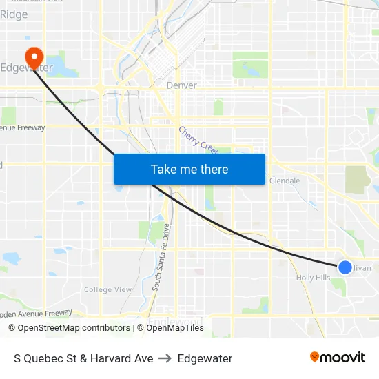 S Quebec St & Harvard Ave to Edgewater map