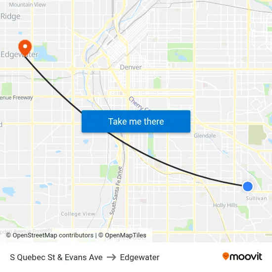 S Quebec St & Evans Ave to Edgewater map