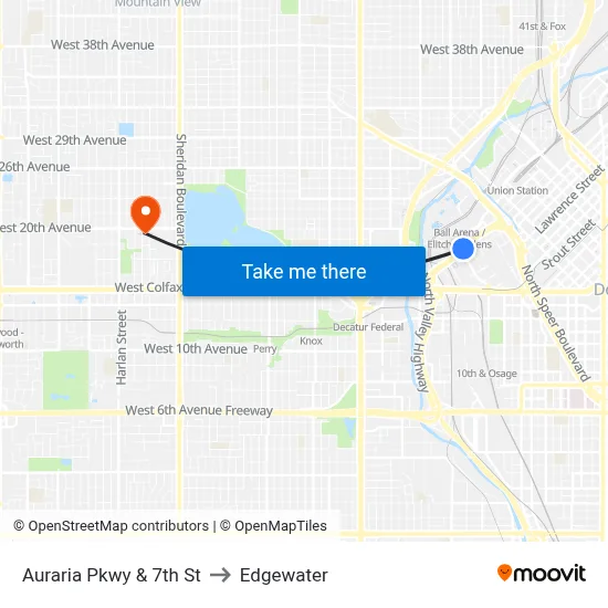Auraria Pkwy & 7th St to Edgewater map