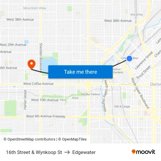 16th Street & Wynkoop St to Edgewater map