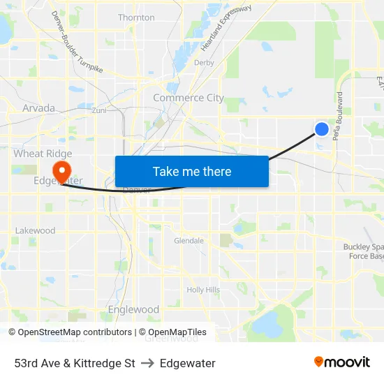 53rd Ave & Kittredge St to Edgewater map
