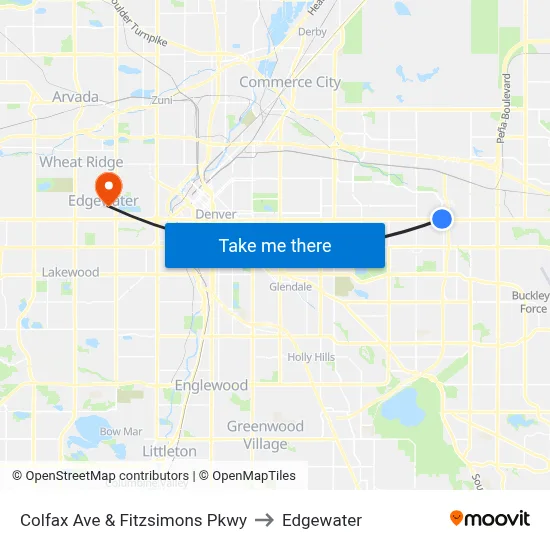 Colfax Ave & Fitzsimons Pkwy to Edgewater map