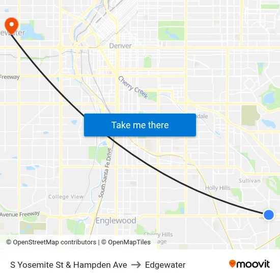 S Yosemite St & Hampden Ave to Edgewater map