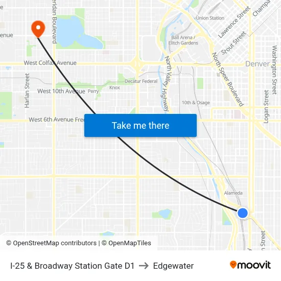 I-25 & Broadway Station Gate D1 to Edgewater map