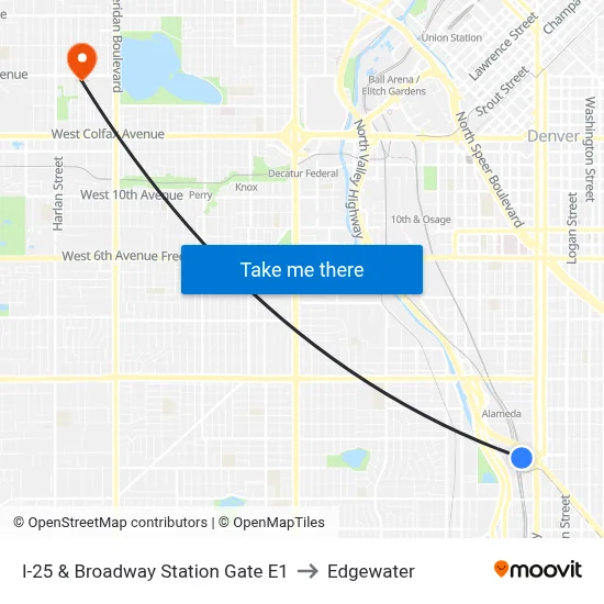 I-25 & Broadway Station Gate E1 to Edgewater map