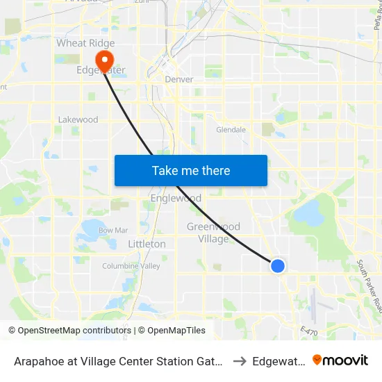 Arapahoe at Village Center Station Gate B to Edgewater map