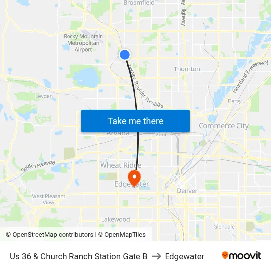 Us 36 & Church Ranch Station Gate B to Edgewater map