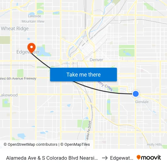 Alameda Ave & S Colorado Blvd Nearside to Edgewater map