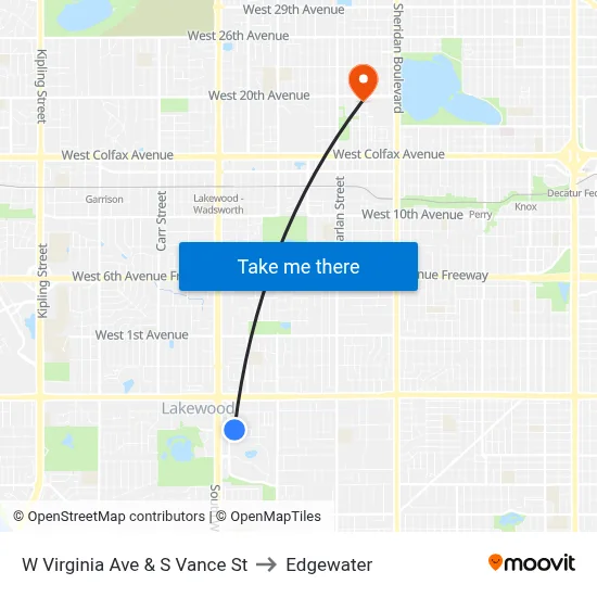 W Virginia Ave & S Vance St to Edgewater map