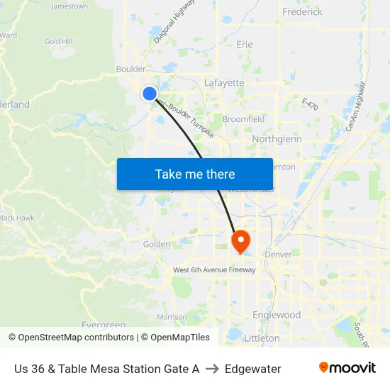 Us 36 & Table Mesa Station Gate A to Edgewater map