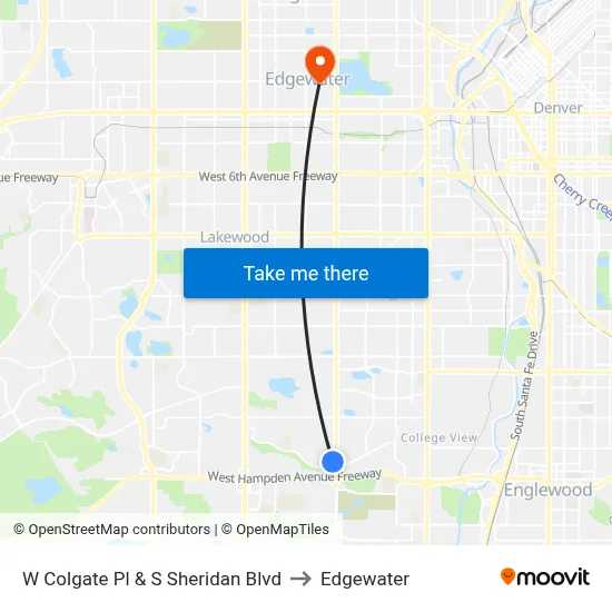 W Colgate Pl & S Sheridan Blvd to Edgewater map
