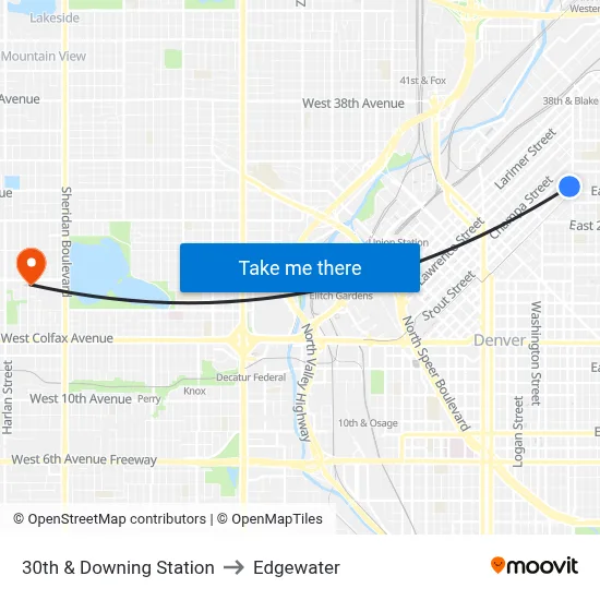 30th & Downing Station to Edgewater map