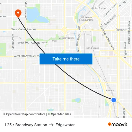 I-25 / Broadway Station to Edgewater map
