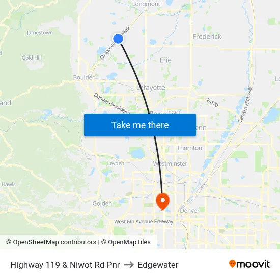Highway 119 & Niwot Rd Pnr to Edgewater map