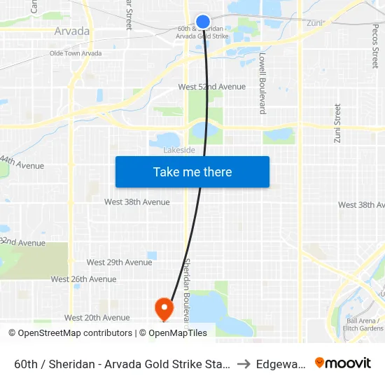 60th / Sheridan - Arvada Gold Strike Station to Edgewater map