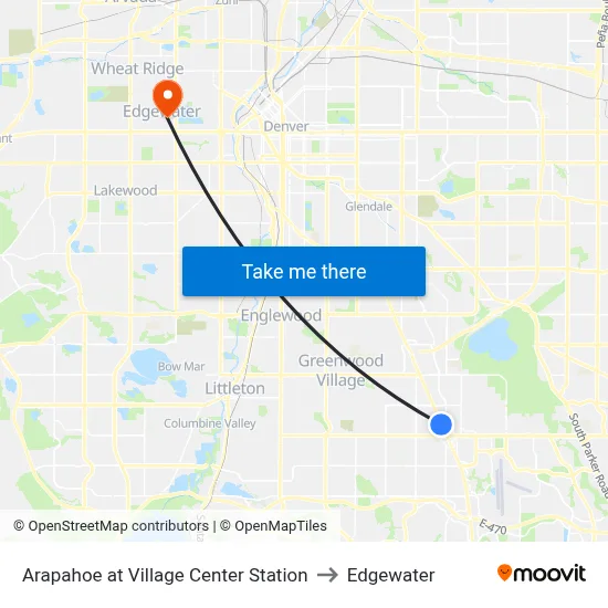 Arapahoe at Village Center Station to Edgewater map
