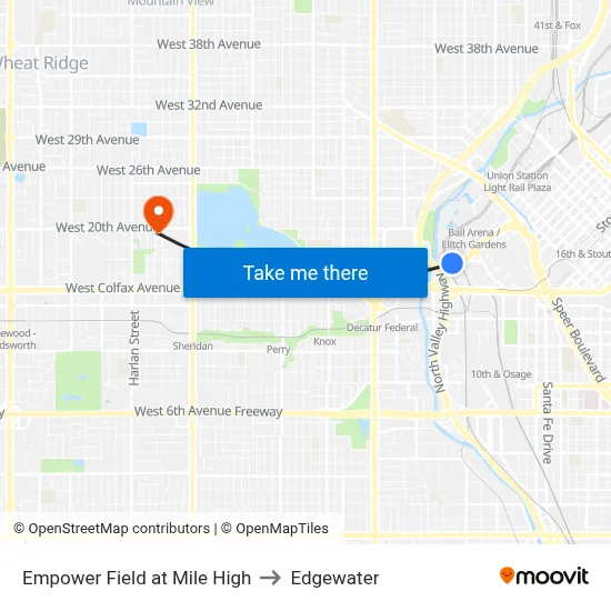 Empower Field at Mile High to Edgewater map