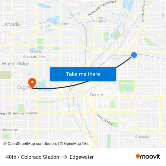 40th / Colorado Station to Edgewater map