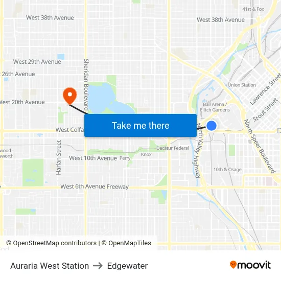 Auraria West Station to Edgewater map