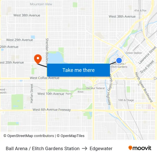 Ball Arena / Elitch Gardens Station to Edgewater map