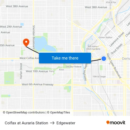 Colfax at Auraria Station to Edgewater map
