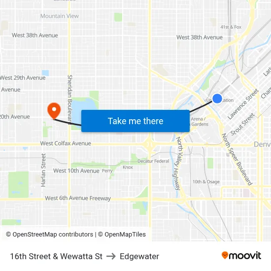 16th Street & Wewatta St to Edgewater map