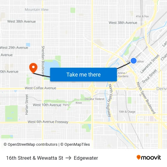 16th Street & Wewatta St to Edgewater map