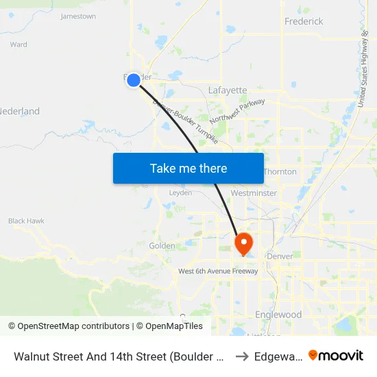 Walnut Street And 14th Street (Boulder Station) to Edgewater map