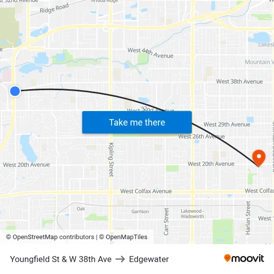 Youngfield St & W 38th Ave to Edgewater map