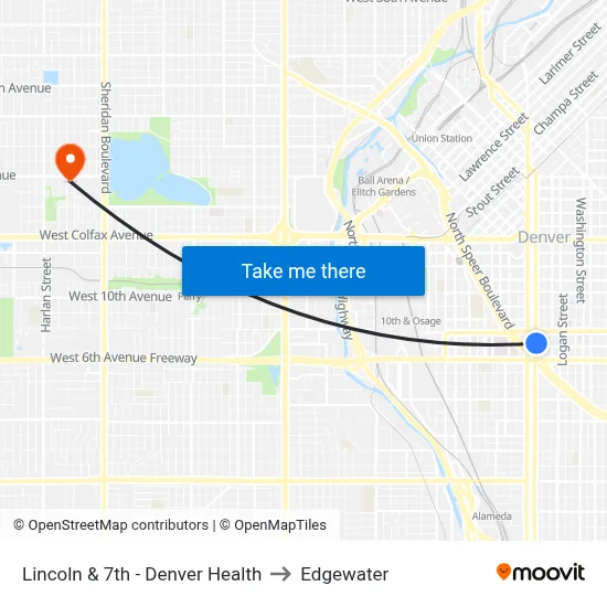 Lincoln & 7th - Denver Health to Edgewater map