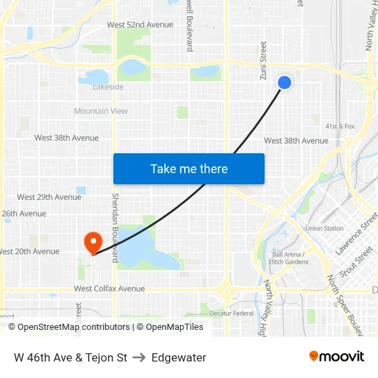 W 46th Ave & Tejon St to Edgewater map